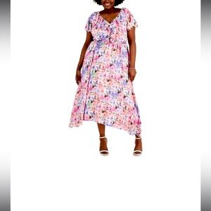 Taylor Womens V- Neck Floral Print Flutter Sleeve Hi - Low Hem Ruffled Dress 18W